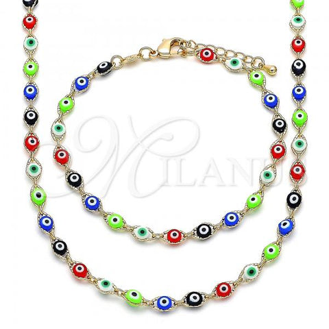 Oro Laminado Necklace and Bracelet, Gold Filled Style Evil Eye Design, Multicolor Resin Finish, Golden Finish, 06.63.0255.1