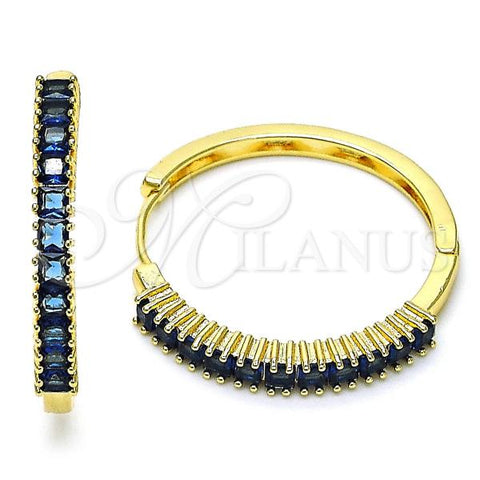 Oro Laminado Huggie Hoop, Gold Filled Style Baguette Design, with Sapphire Blue Cubic Zirconia, Polished, Golden Finish, 02.210.0105.19.35