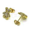 Oro Laminado Stud Earring, Gold Filled Style Teddy Bear Design, with White and Black Micro Pave, Polished, Golden Finish, 02.342.0198