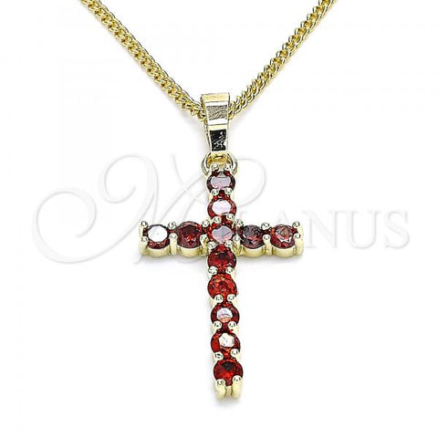 Oro Laminado Pendant Necklace, Gold Filled Style Cross Design, with Garnet Cubic Zirconia, Polished, Golden Finish, 04.284.0029.1.20