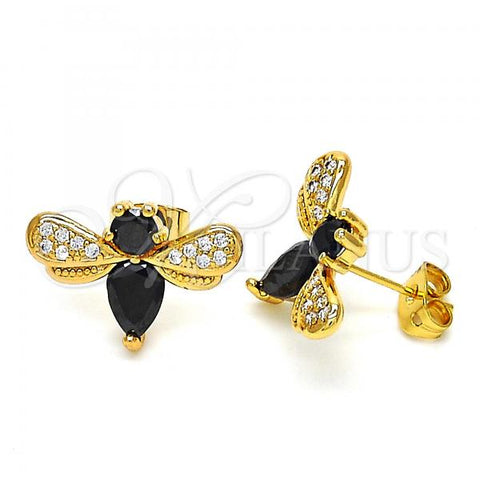 Oro Laminado Stud Earring, Gold Filled Style Bee Design, with Black Cubic Zirconia and White Micro Pave, Polished, Golden Finish, 02.345.0014