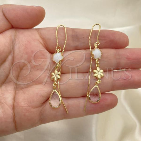Oro Laminado Threader Earring, Gold Filled Style Flower and Teardrop Design, with White Crystal, Polished, Golden Finish, 02.02.0531