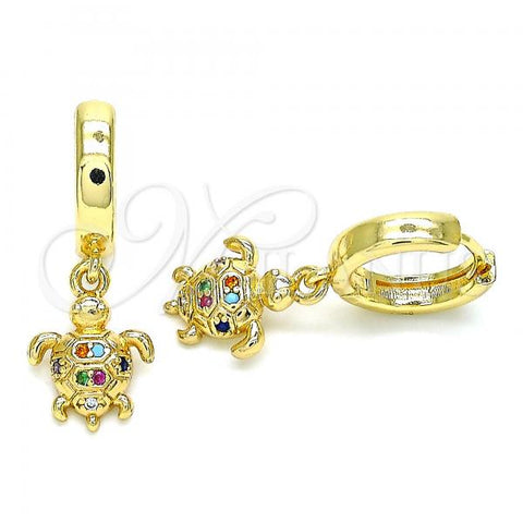 Oro Laminado Huggie Hoop, Gold Filled Style Turtle Design, with Multicolor Micro Pave, Polished, Golden Finish, 02.210.0530.1.15