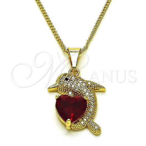 Oro Laminado Pendant Necklace, Gold Filled Style Dolphin and Heart Design, with Garnet Cubic Zirconia and White Micro Pave, Polished, Golden Finish, 04.284.0060.1.18
