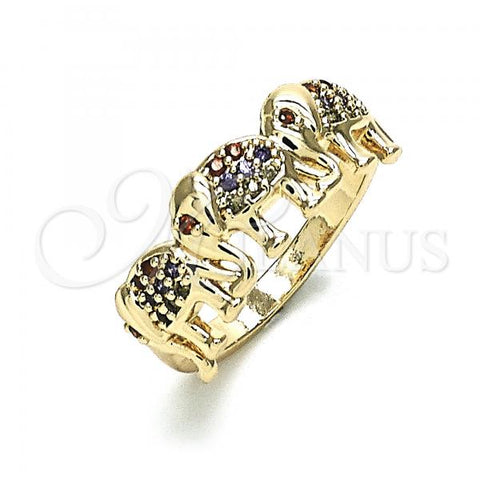 Oro Laminado Multi Stone Ring, Gold Filled Style Elephant Design, with Multicolor Micro Pave, Polished, Golden Finish, 01.284.0069.1.08