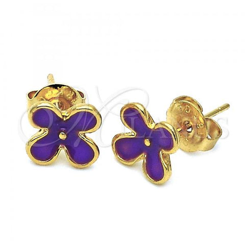 Oro Laminado Stud Earring, Gold Filled Style Flower Design, Purple Enamel Finish, Golden Finish, 02.64.0348 *PROMO*