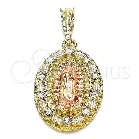 Oro Laminado Religious Pendant, Gold Filled Style Guadalupe Design, with White Crystal, Polished, Tricolor, 05.380.0045
