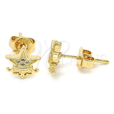 Oro Laminado Stud Earring, Gold Filled Style Star and Crown Design, with White Micro Pave, Polished, Golden Finish, 02.156.0307
