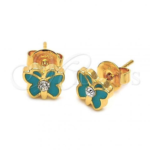 Oro Laminado Stud Earring, Gold Filled Style Butterfly Design, with White Crystal, Blue Enamel Finish, Golden Finish, 02.64.0406 *PROMO*