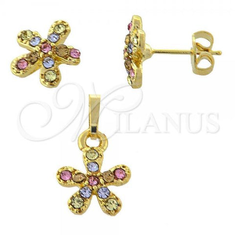 Oro Laminado Earring and Pendant Adult Set, Gold Filled Style Flower Design, with Multicolor Crystal, Polished, Golden Finish, 10.164.0025.1