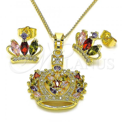 Oro Laminado Earring and Pendant Adult Set, Gold Filled Style Crown Design, with Multicolor Cubic Zirconia and White Micro Pave, Polished, Golden Finish, 10.210.0171