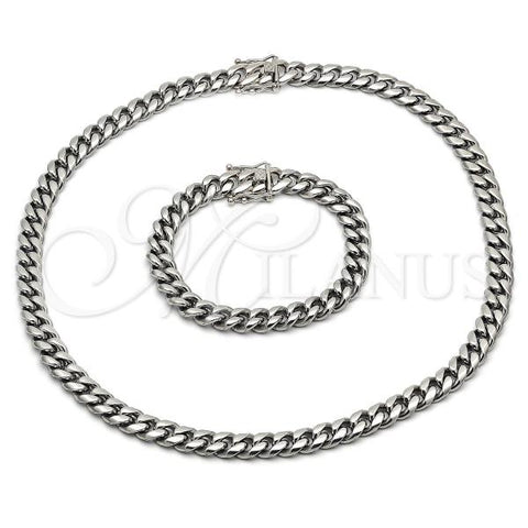 Stainless Steel Necklace and Bracelet, Miami Cuban Design, Polished, Steel Finish, 06.116.0039