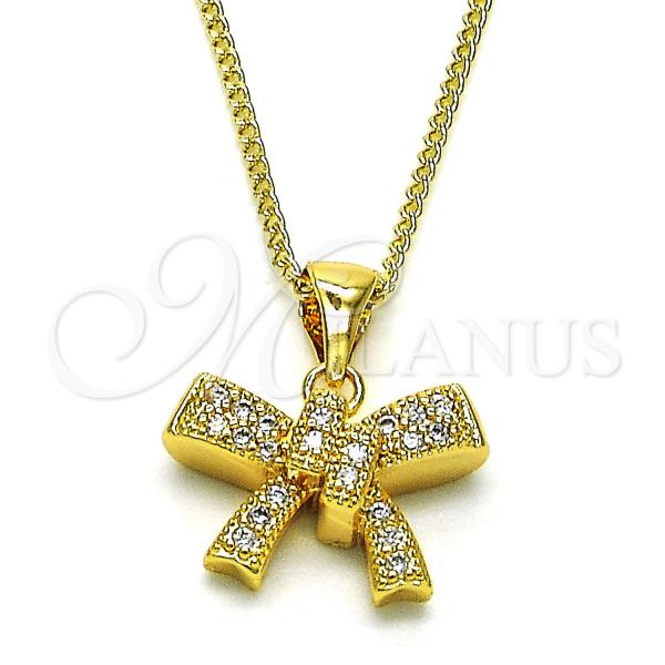 Oro Laminado Pendant Necklace, Gold Filled Style Bow Design, with White Micro Pave, Polished, Golden Finish, 04.342.0068.18