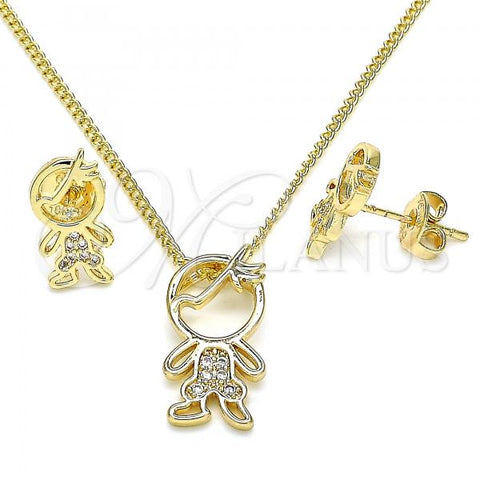 Oro Laminado Earring and Pendant Adult Set, Gold Filled Style Little Boy Design, with White Micro Pave, Polished, Golden Finish, 10.156.0226