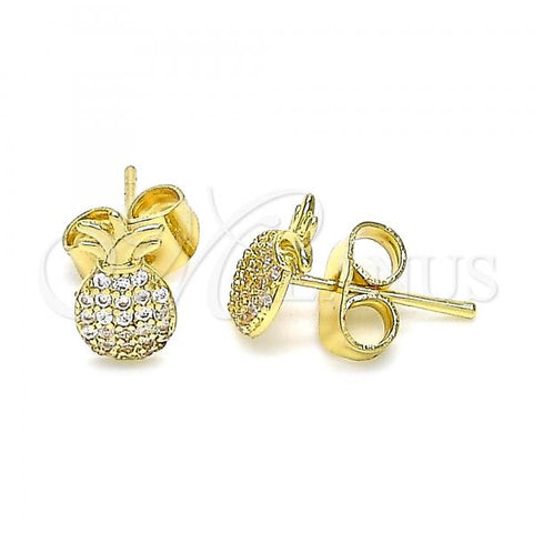 Oro Laminado Stud Earring, Gold Filled Style Pineapple Design, with White Micro Pave, Polished, Golden Finish, 02.156.0543