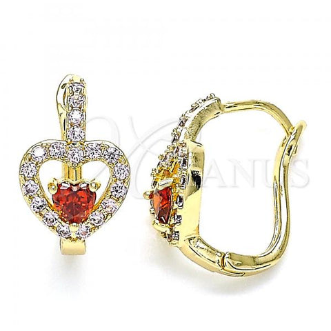Oro Laminado Huggie Hoop, Gold Filled Style Heart Design, with Garnet and Pink Cubic Zirconia, Polished, Golden Finish, 02.210.0617.15