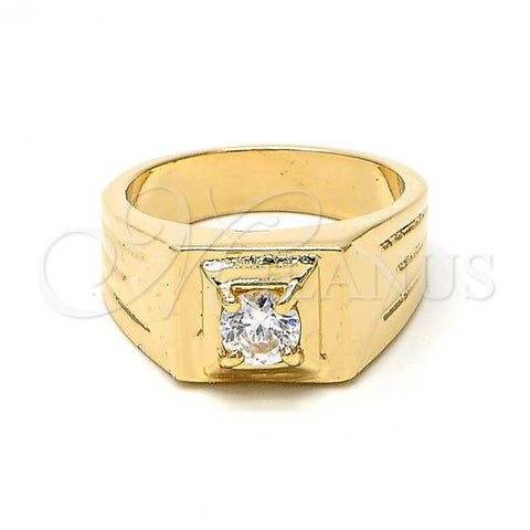 Oro Laminado Mens Ring, Gold Filled Style Solitaire Design, with White Cubic Zirconia, Diamond Cutting Finish, Golden Finish, 01.63.0444.08 (Size 8)
