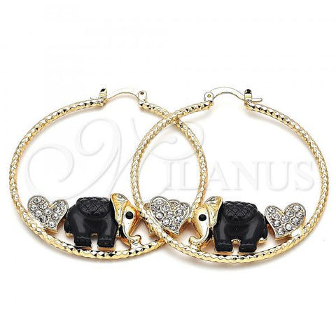 Oro Laminado Large Hoop, Gold Filled Style Elephant and Heart Design, with White and Black Crystal, Black Resin Finish, Golden Finish, 02.380.0051.5.50