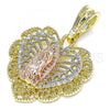 Oro Laminado Religious Pendant, Gold Filled Style Guadalupe and Heart Design, Polished, Tricolor, 05.380.0012