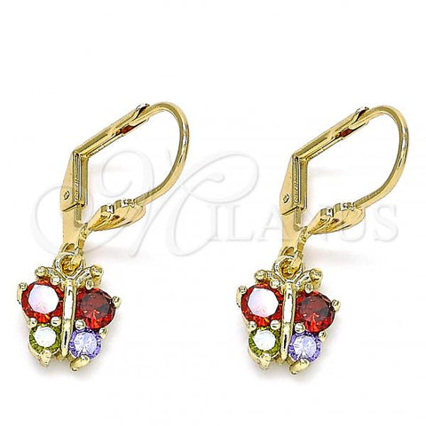 Oro Laminado Dangle Earring, Gold Filled Style Butterfly Design, with Multicolor Micro Pave, Polished, Golden Finish, 02.210.0346.1