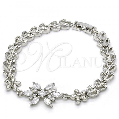 Rhodium Plated Fancy Bracelet, Flower and Heart Design, with White Cubic Zirconia, Polished, Rhodium Finish, 03.357.0002.1.07