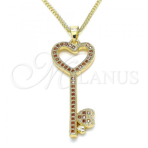 Oro Laminado Pendant Necklace, Gold Filled Style key and Heart Design, with Garnet Micro Pave, Polished, Golden Finish, 04.344.0004.1.20