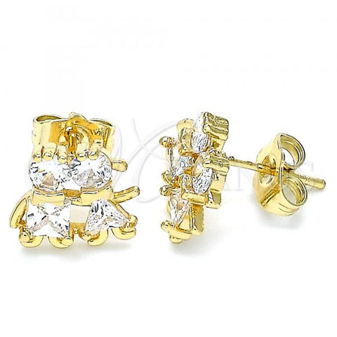 Oro Laminado Stud Earring, Gold Filled Style Little Girl and Little Boy Design, with White Cubic Zirconia, Polished, Golden Finish, 02.210.0373