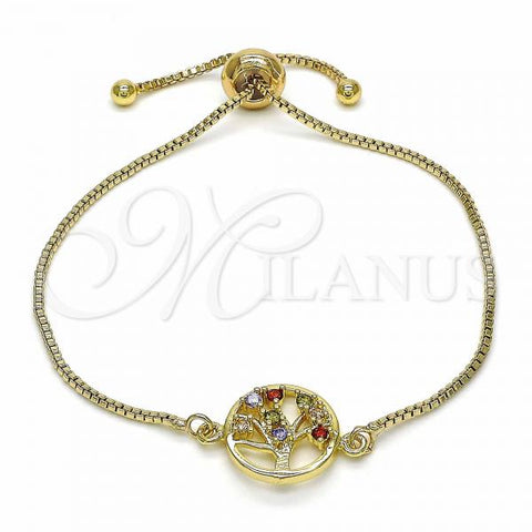 Oro Laminado Adjustable Bolo Bracelet, Gold Filled Style Tree Design, with Multicolor Cubic Zirconia, Polished, Golden Finish, 03.316.0067.09