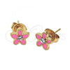 Oro Laminado Stud Earring, Gold Filled Style Flower Design, with White Crystal, Pink Enamel Finish, Golden Finish, 02.64.0321