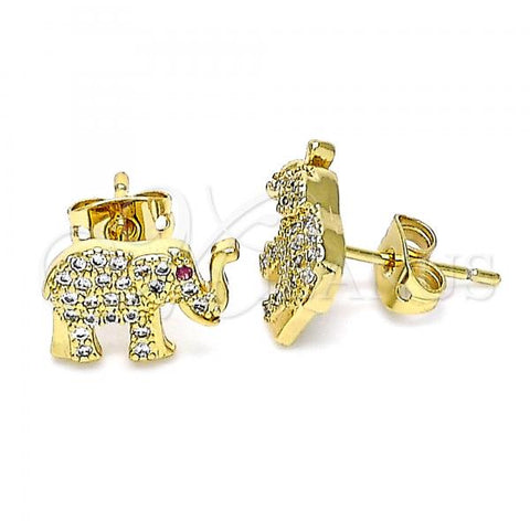 Oro Laminado Stud Earring, Gold Filled Style Elephant Design, with White and Ruby Micro Pave, Polished, Golden Finish, 02.342.0174