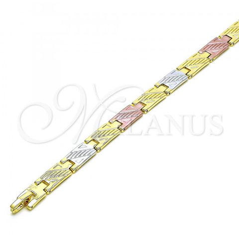 Oro Laminado Solid Bracelet, Gold Filled Style Diamond Cutting Finish, Tricolor, 03.102.0064.08