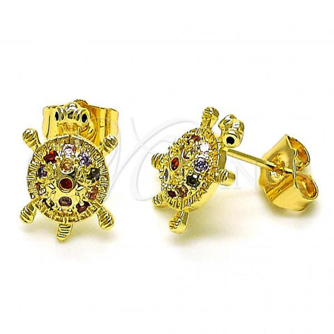 Oro Laminado Stud Earring, Gold Filled Style Turtle Design, with Multicolor Cubic Zirconia, Polished, Golden Finish, 02.210.0741
