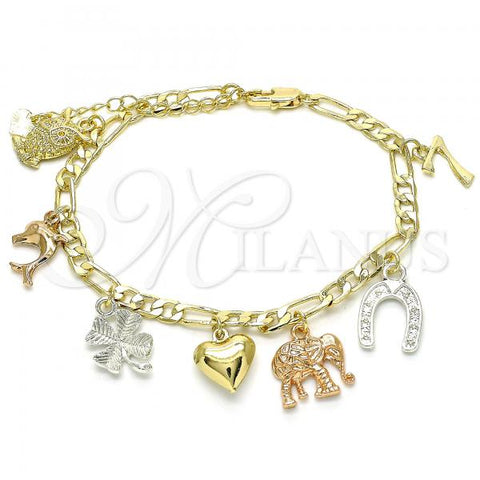 Oro Laminado Charm Bracelet, Gold Filled Style Heart and Elephant Design, Polished, Tricolor, 03.351.0105.08