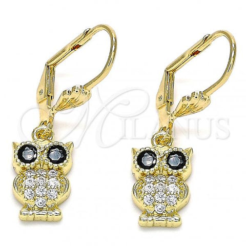 Oro Laminado Dangle Earring, Gold Filled Style Owl Design, with Black and White Micro Pave, Polished, Golden Finish, 02.210.0348