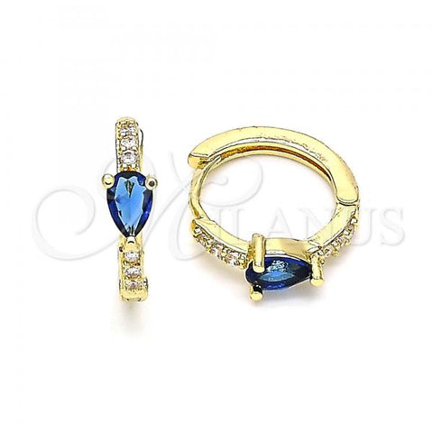 Oro Laminado Huggie Hoop, Gold Filled Style Teardrop Design, with Sapphire Blue Cubic Zirconia and White Micro Pave, Polished, Golden Finish, 02.210.0479.4.15