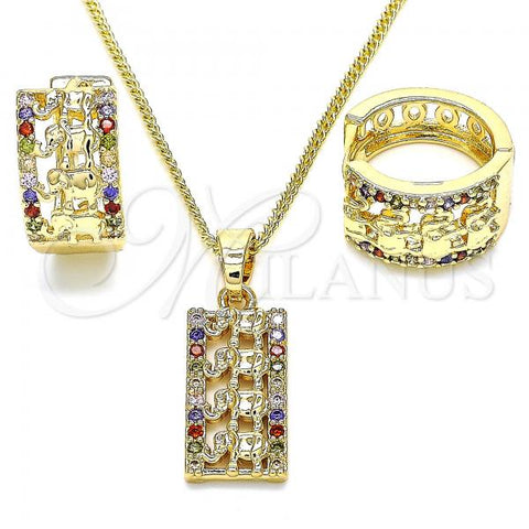 Oro Laminado Earring and Pendant Adult Set, Gold Filled Style Elephant Design, with Multicolor Cubic Zirconia, Polished, Golden Finish, 10.210.0113.3