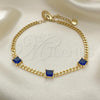 Oro Laminado Fancy Bracelet, Gold Filled Style Miami Cuban Design, with Sapphire Blue Cubic Zirconia, Polished, Golden Finish, 03.213.0163.3.07