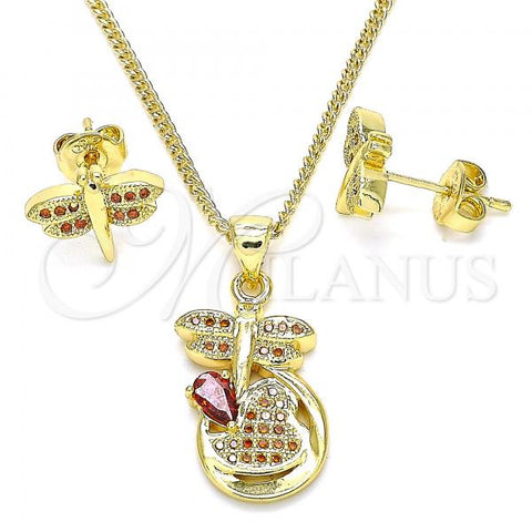 Oro Laminado Earring and Pendant Adult Set, Gold Filled Style Dragon-Fly Design, with Garnet Micro Pave, Polished, Golden Finish, 10.156.0270.2