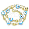 Oro Laminado Fancy Anklet, Gold Filled Style Evil Eye and Hand Design, Turquoise Enamel Finish, Golden Finish, 03.213.0037.4.10