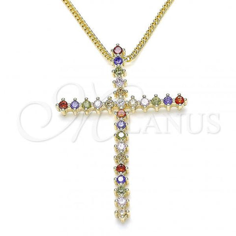 Oro Laminado Pendant Necklace, Gold Filled Style Cross Design, with Multicolor Micro Pave, Polished, Golden Finish, 04.284.0024.3.18