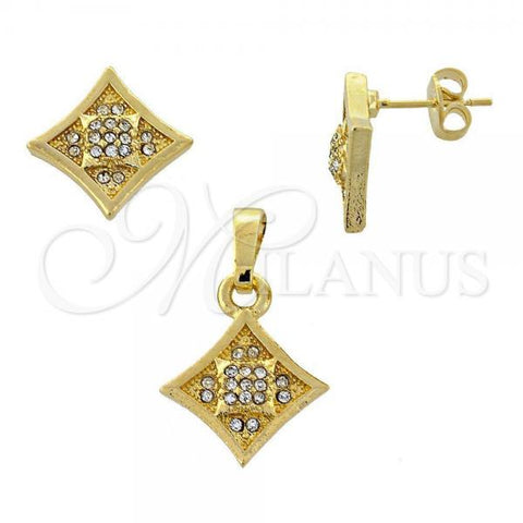 Oro Laminado Earring and Pendant Adult Set, Gold Filled Style Flower Design, with White Crystal, Polished, Golden Finish, 10.164.0015