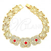Oro Laminado Fancy Bracelet, Gold Filled Style Flower Design, with Garnet and White Crystal, Polished, Golden Finish, 03.91.0046.1.08