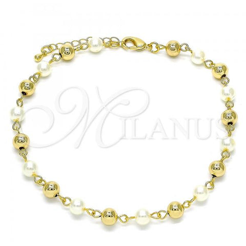 Oro Laminado Fancy Anklet, Gold Filled Style Ball Design, with Ivory Pearl, Polished, Golden Finish, 03.63.2227.10