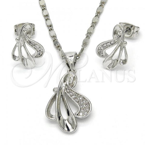 Rhodium Plated Earring and Pendant Adult Set, Leaf Design, with White Micro Pave, Polished, Rhodium Finish, 10.156.0095