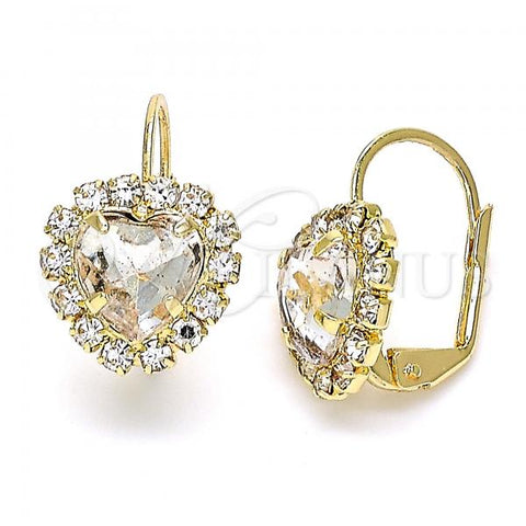 Oro Laminado Leverback Earring, Gold Filled Style Heart Design, with Champagne and White Crystal, Polished, Golden Finish, 02.122.0111.3