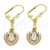 Oro Laminado Long Earring, Gold Filled Style Heart Design, with White Cubic Zirconia, Polished, Golden Finish, 02.213.0336