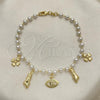 Oro Laminado Bracelet Rosary, Gold Filled Style Figa Hand and Four-leaf Clover Design, with Ivory Pearl, Polished, Golden Finish, 09.02.0045.08