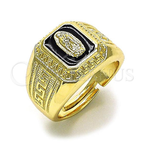 Oro Laminado Multi Stone Ring, Gold Filled Style Guadalupe and Greek Key Design, Black Enamel Finish, Golden Finish, 01.411.0003