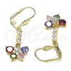 Oro Laminado Long Earring, Gold Filled Style Butterfly and Flower Design, with Multicolor Cubic Zirconia, Polished, Golden Finish, 02.387.0038.1