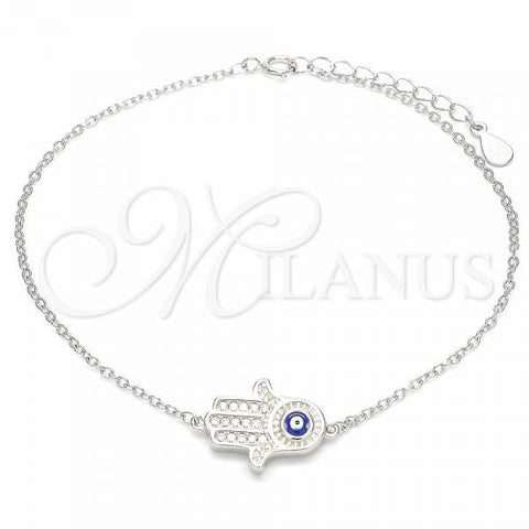 Sterling Silver Fancy Bracelet, Hand of God and Evil Eye Design, with White Cubic Zirconia, Polished, Rhodium Finish, 03.336.0080.08